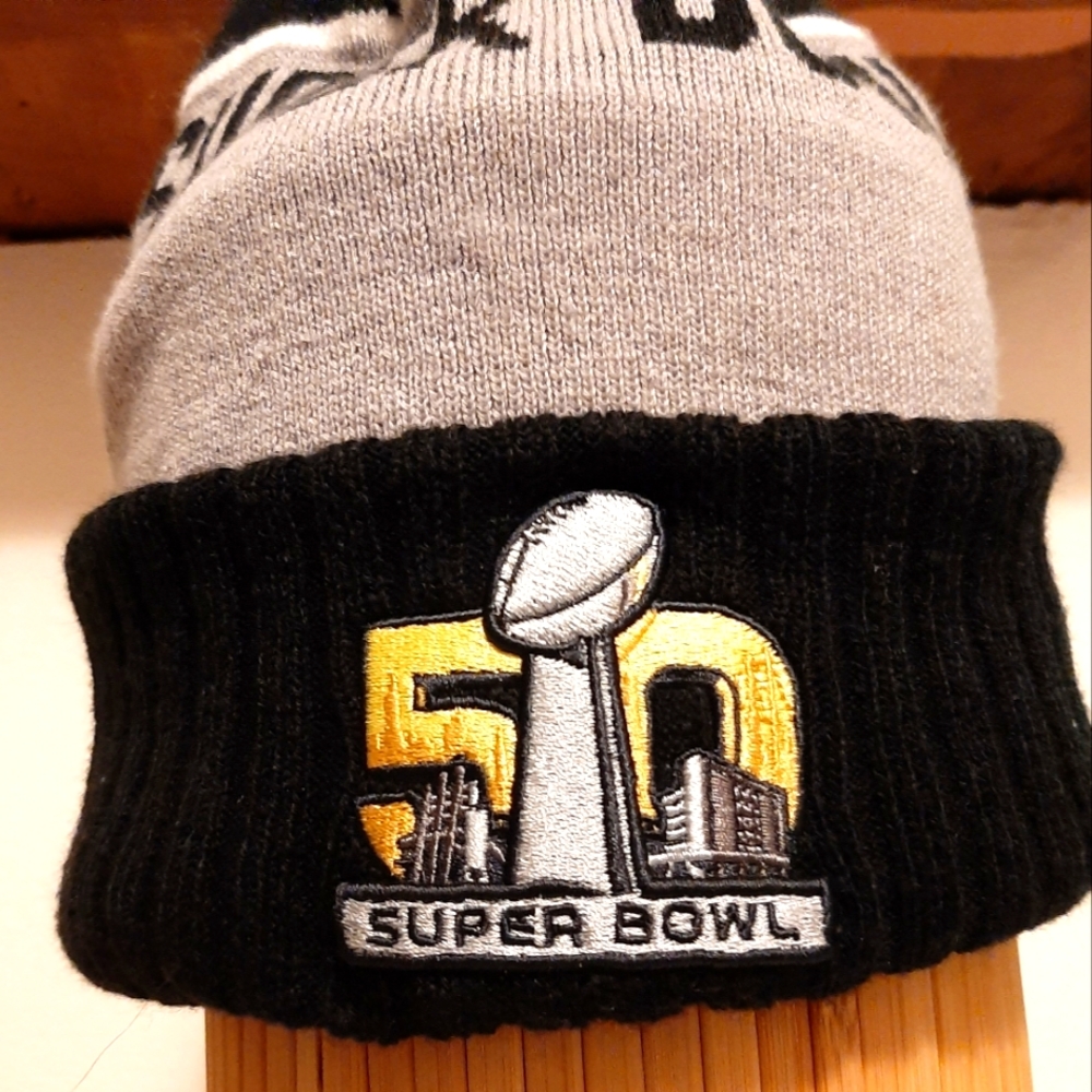 NFL Knit Hat Fleece lined Super Bowl 50 Panthers Patch Gray Black